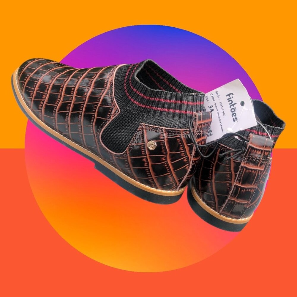 FINTOES Brown Crocodile Embossed Leather Knit Sock-like Collar Kid Shoe Sz 4 NEW